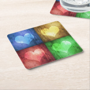 Colorful Valentine's Day Rustic Hearts Square Paper Coaster