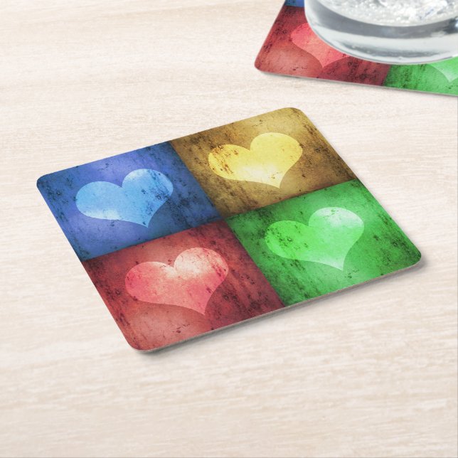 Colorful Valentine's Day Rustic Hearts Square Paper Coaster (Angled)