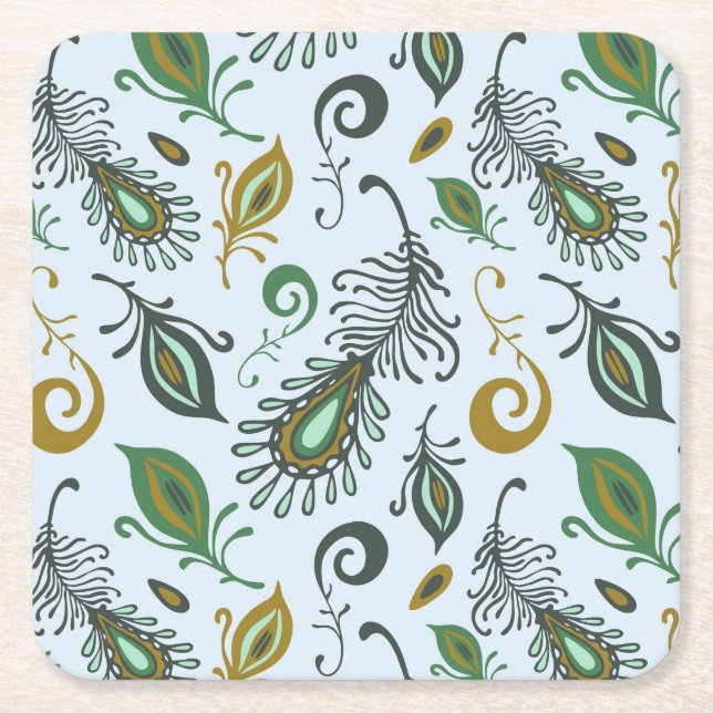 Colorful Various Feathers Square Paper Coaster (Front)
