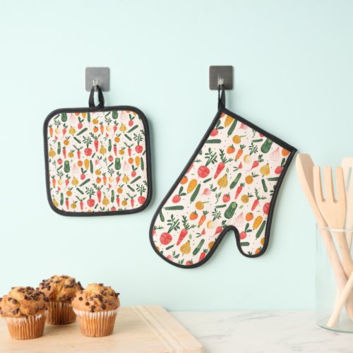 Colorful Vegetable Illustration Oven Mitt  Pot Holder Set