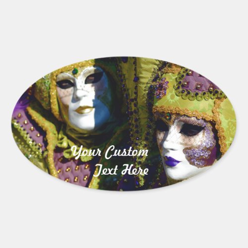 Colorful Venetian Couple With Carnival Masks Oval Sticker