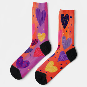 Colorful vertical hearts with dots and stripes socks