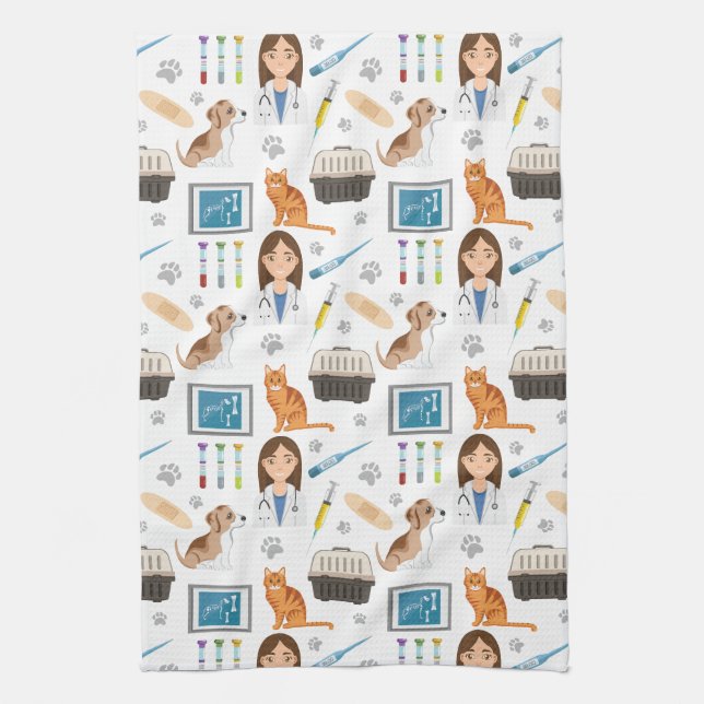 Colorful Veterinary Medical Doctor Vet DVM Pattern Kitchen Towel (Vertical)