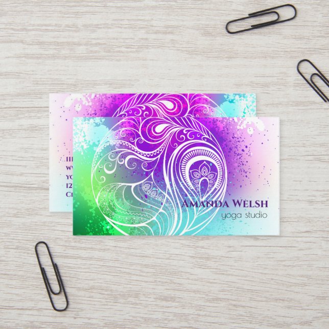 Colorful vibrant abstract feather purple green business card (Front/Back In Situ)