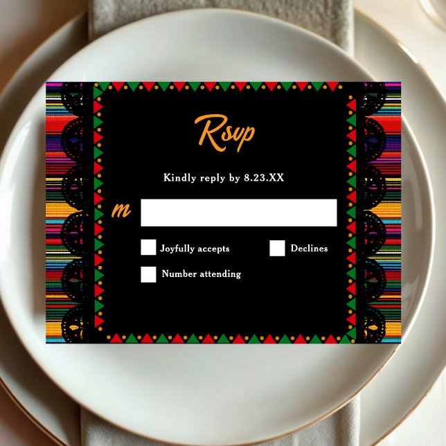 Colorful vibrant fiesta floral black wedding RSVP card (Creator Uploaded)