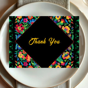 Colorful vibrant fiesta floral black wedding thank you card