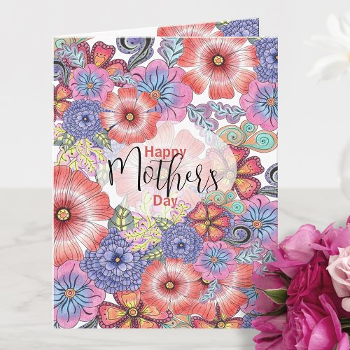 Colorful Vibrant Flowers and Leaves Mothers Day Card