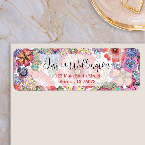 Colorful Vibrant Flowers and Leaves Return Address Label