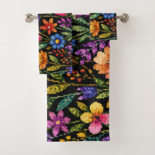 Colorful Vibrant Flowers on a Black Background Bath Towel Set