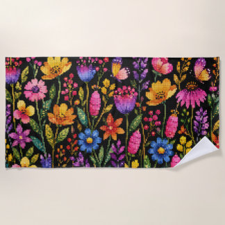 Colorful Vibrant Flowers on a Black Background Beach Towel