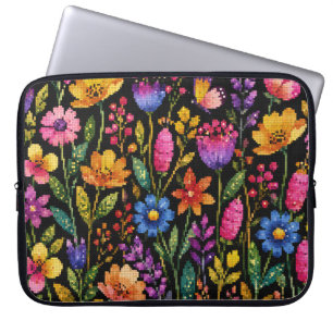 Colorful Vibrant Flowers on a Black Background Laptop Sleeve