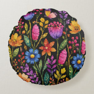 Colorful Vibrant Flowers on a Black Background Round Pillow