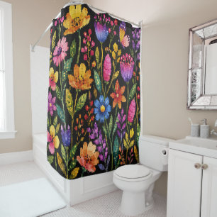 Colorful Vibrant Flowers on a Black Background Shower Curtain