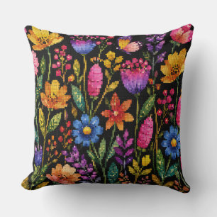 Colorful Vibrant Flowers on a Black Background Throw Pillow