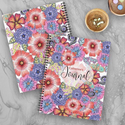 Colorful Vibrant Hand_drawn Flowers and Leaves Notebook