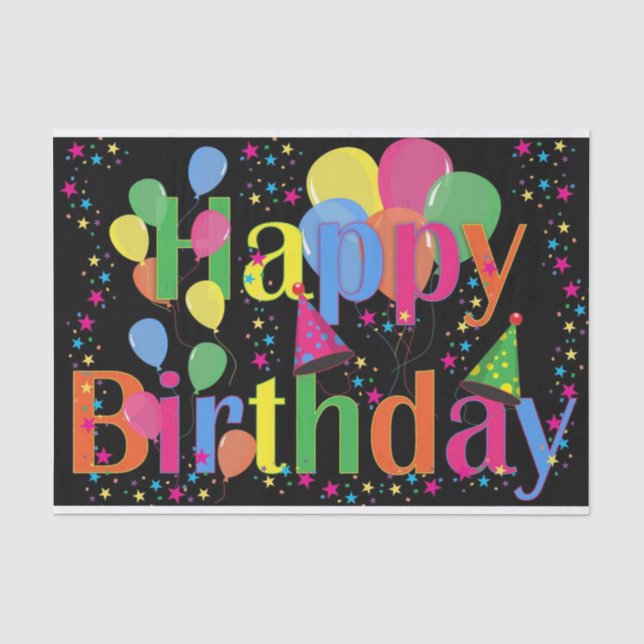 Colorful Vibrant Happy Birthday Balloons Black Tissue Paper (Front)
