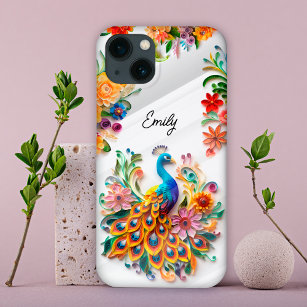 Colorful vibrant peacock & flowers custom iPhone 13 case