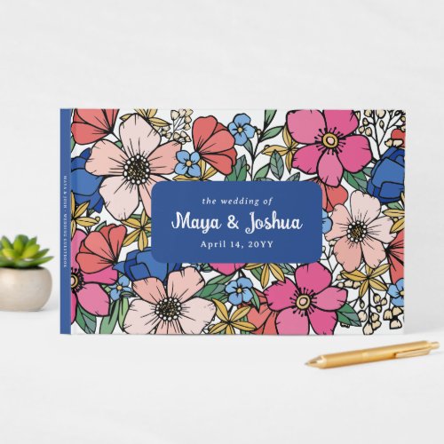 Colorful Vibrant Pink Blue Floral Wedding Guest Book