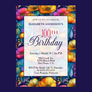Colorful Vibrant Poppy Flower 100th Birthday Invitation