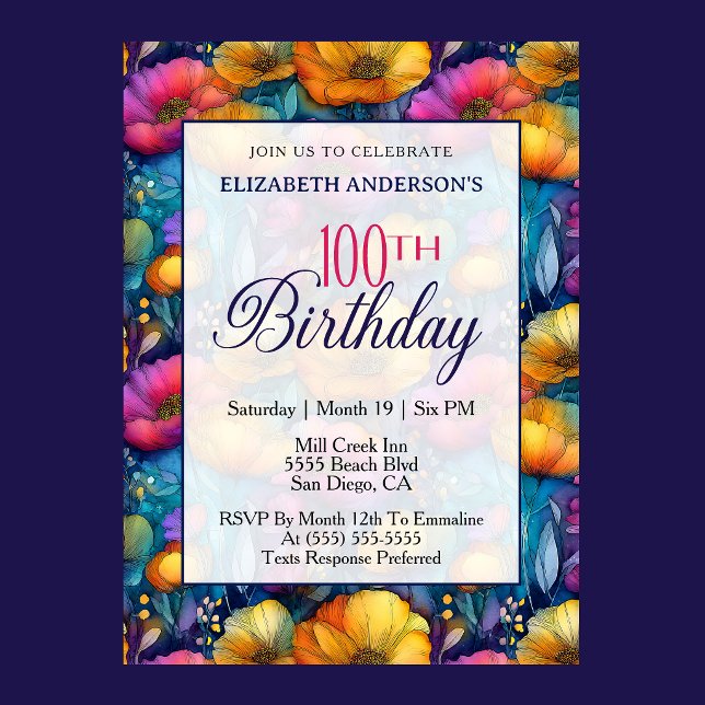 Colorful Vibrant Poppy Flower 100th Birthday Invitation (Colorful vibrant poppy flowers 100th birthday invitation for woman milestone celebration
)