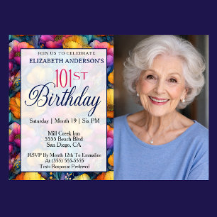 Colorful Vibrant Poppy Flower 101st Birthday Photo Invitation