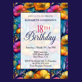 Colorful Vibrant Poppy Flower 18th Birthday Invitation