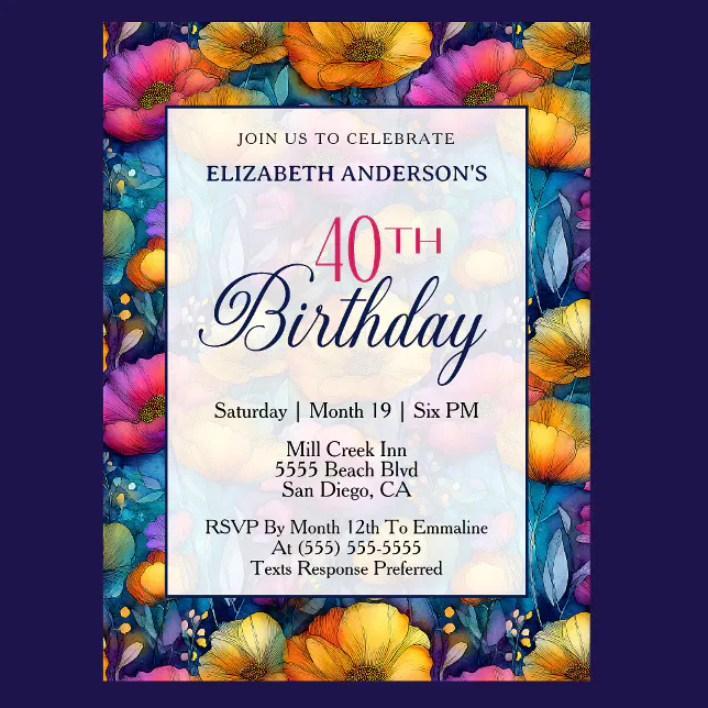 Colorful Vibrant Poppy Flower 40th Birthday Invitation | Zazzle