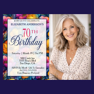 Colorful Vibrant Poppy Flower 70th Birthday Photo Invitation