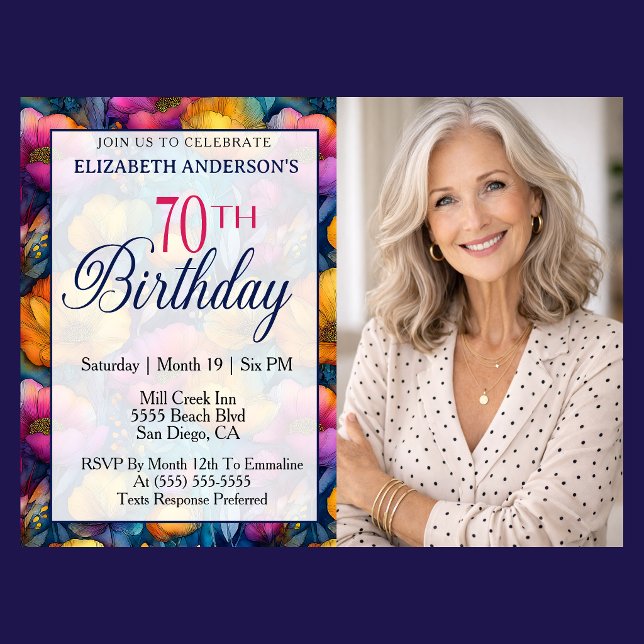 Colorful Vibrant Poppy Flower 70th Birthday Photo Invitation (Colorful poppy floral 70th birthday photo invitation for woman milestone birthday celebration )