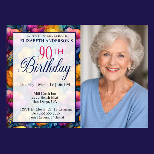 Colorful Vibrant Poppy Flower 90th Birthday Photo Invitation