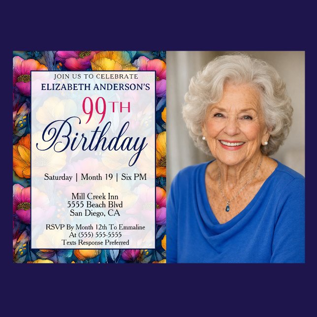 Colorful Vibrant Poppy Flower 99th Birthday Photo Invitation (Colorful poppy floral 99th birthday photo invitation for woman milestone birthday celebration )