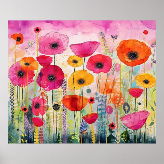 Colorful Vibrant Poppy Flower Field Floral Poster (Front)