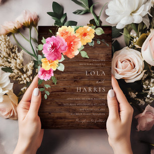Colorful Vibrant Spring Floral Rustic Wood Wedding Invitation