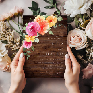 Colorful Vibrant Spring Floral Rustic Wood Wedding Invitation
