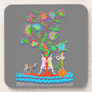Colorful Vibrant Tree with Figures Beverage Coaster