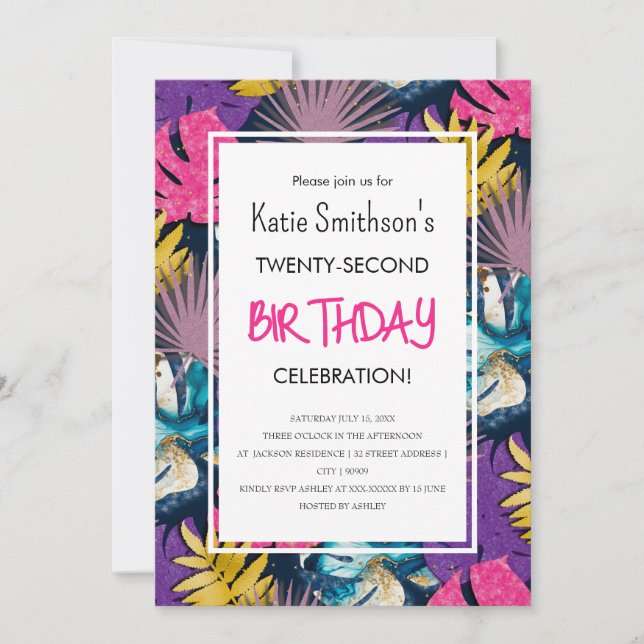 Colorful Vibrant Tropical Plants with Gold Invitation (Front)