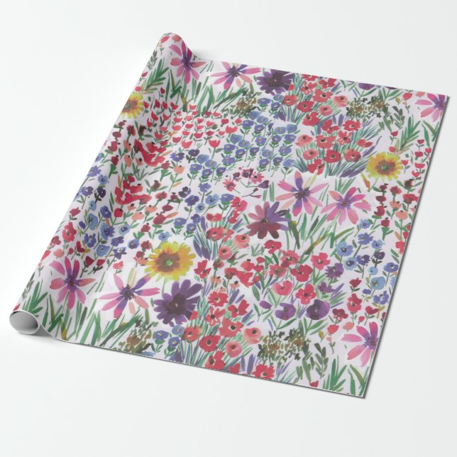 Colorful vibrant Watercolor Floral botanical  Wrapping Paper (Unrolled)