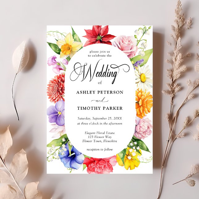 Colorful Vibrant Watercolor Flowers Wedding Invitation (Creator Uploaded)