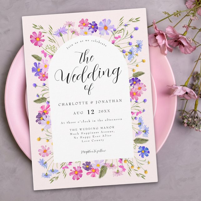 Colorful Vibrant Wildflower Boho Pink Wedding Invitation (Wildflower boho wedding invitation)