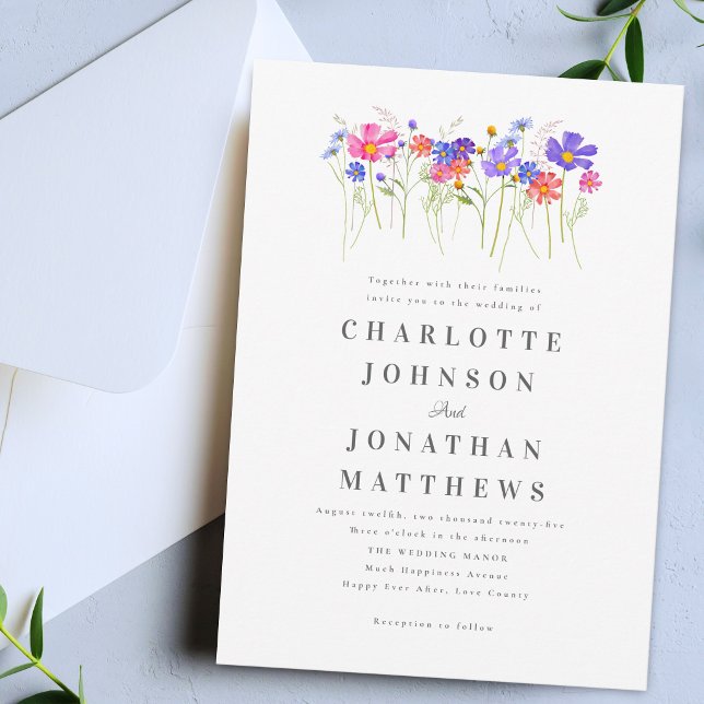 Colorful Vibrant Wildflower Boho Wedding Invitation (Elegant colorful vibrant wildflower floral wedding invitation)