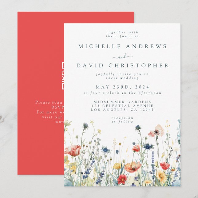 Colorful Vibrant Wildflower QR Code Wedding Invitation (Front/Back)
