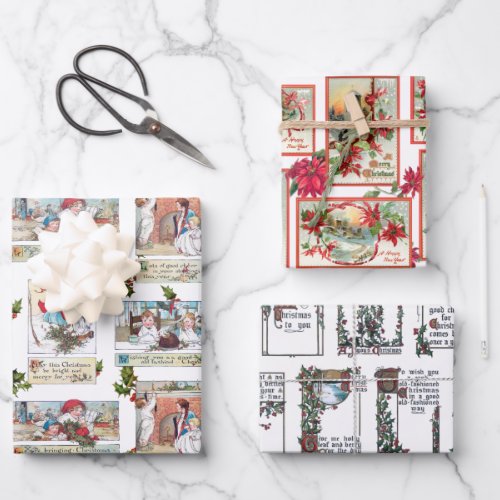 Colorful Victorian Christmas Card Collage Wrapping Paper Sheets