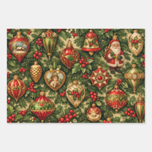 Colorful Victorian Christmas Ornaments on the Tree Wrapping Paper Sheets