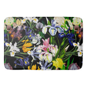 Colorful Victorian Iris Flowers on Black Pattern Bath Mat