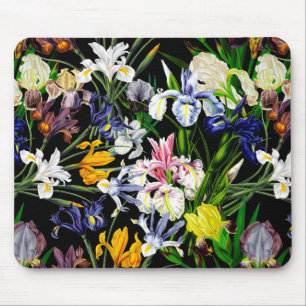 Colorful Victorian Iris Flowers on Black Pattern Mouse Pad