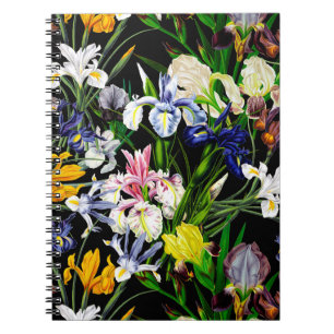 Colorful Victorian Iris Flowers on Black Pattern Notebook