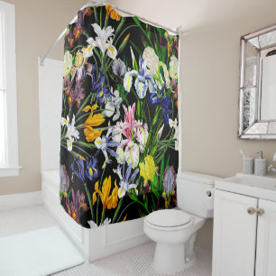 Colorful Victorian Iris Flowers on Black Pattern Shower Curtain