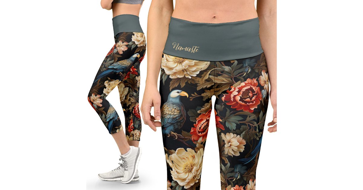 Colorful Victorian Parrot Vintage Floral Yoga Capri Leggings | Zazzle