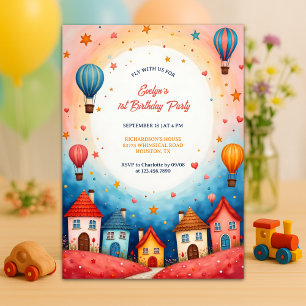 Colorful Village Hot Air Balloon 1st Birthday Invitation