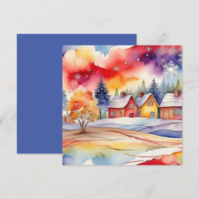 Colorful Village watercolor Holiday Card (Front/Back)